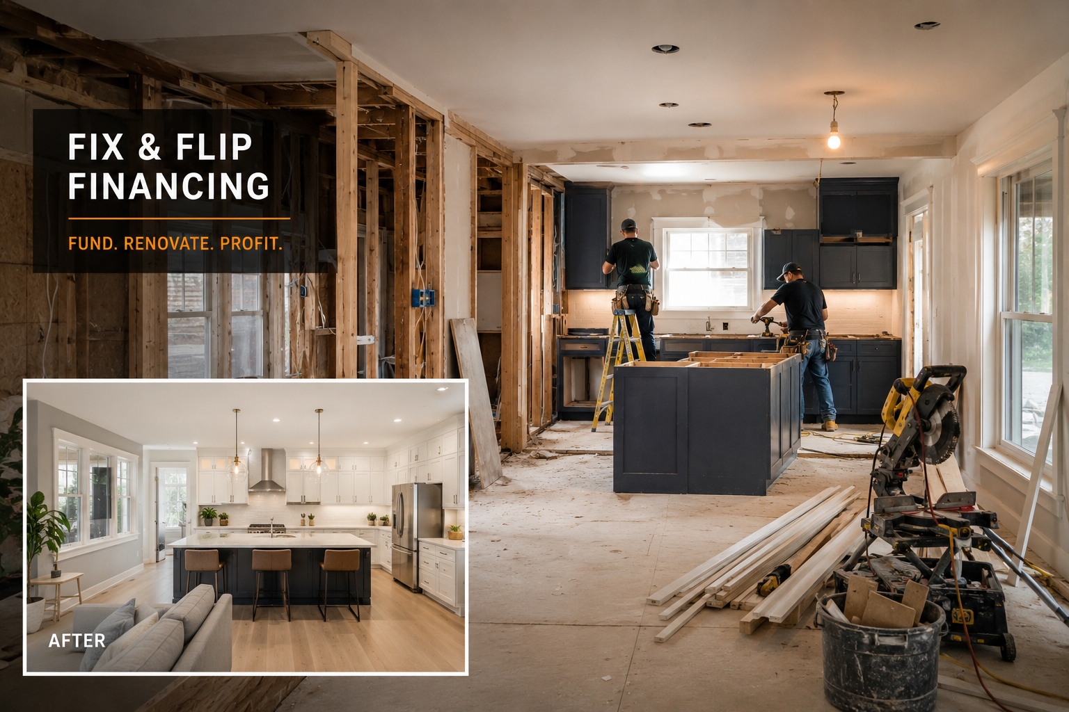 KASHER-FnF Fix and Flip transformation, renovation, value-add strategy. Active renovation projects, modernized homes, before/after-style properties, construction crews, interior rehab scenes, urban redevelopment.