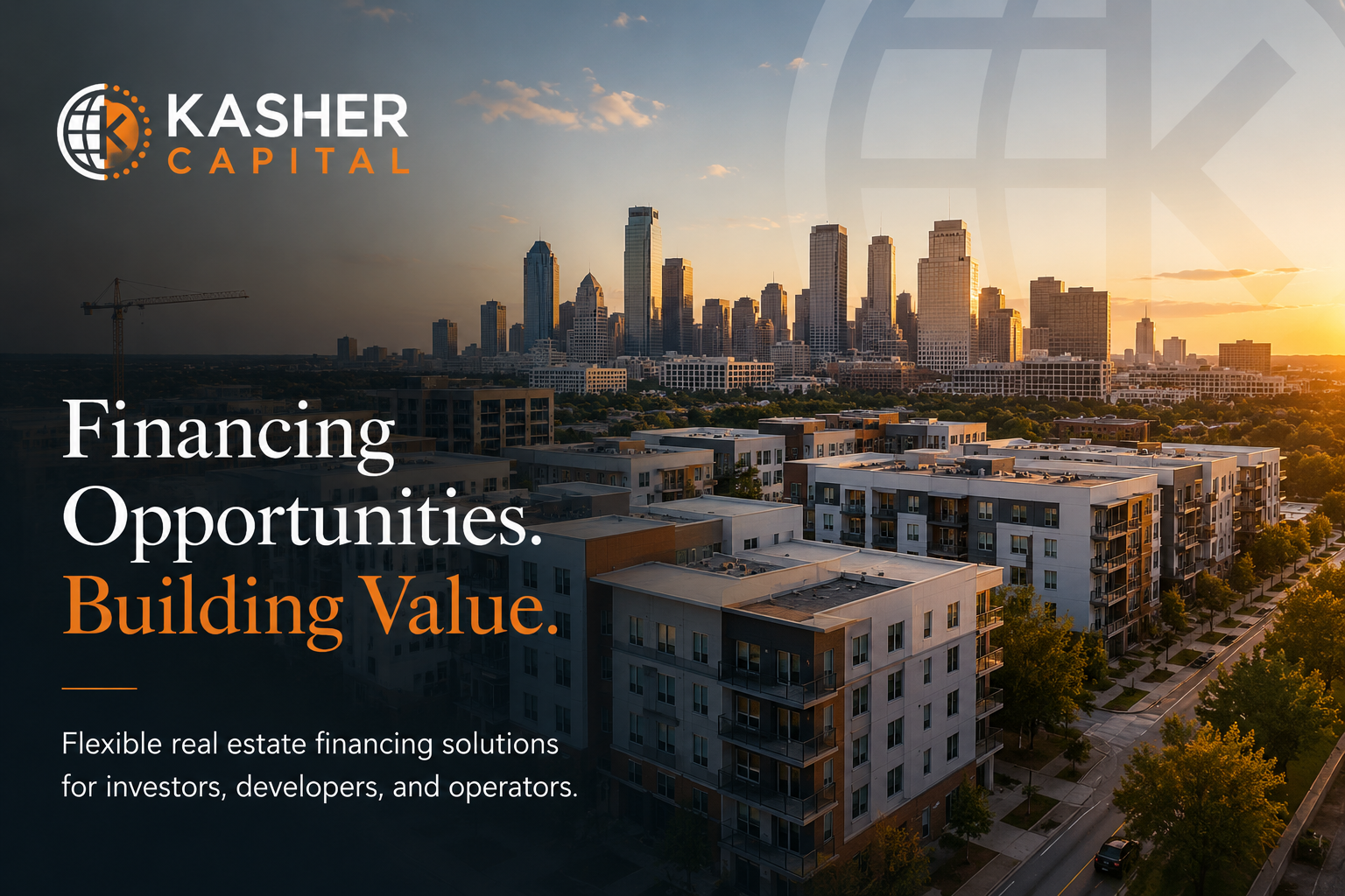 KASHER-Real Estate Modern multifamily and urban skyline representing KASHER Capital’s real estate investment financing solutions for investors, developers, and operators.